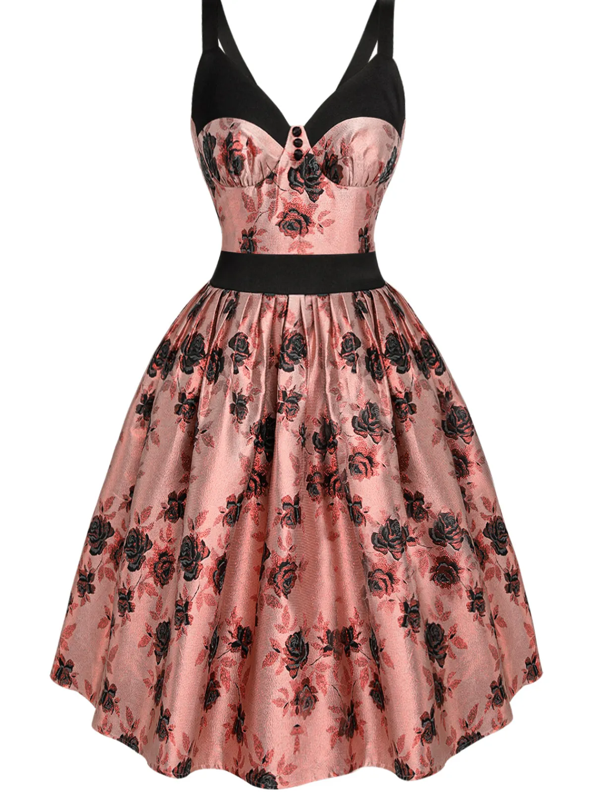 Best Retro Stage 1950s Roses Embossed Satin Swing Dress Pink