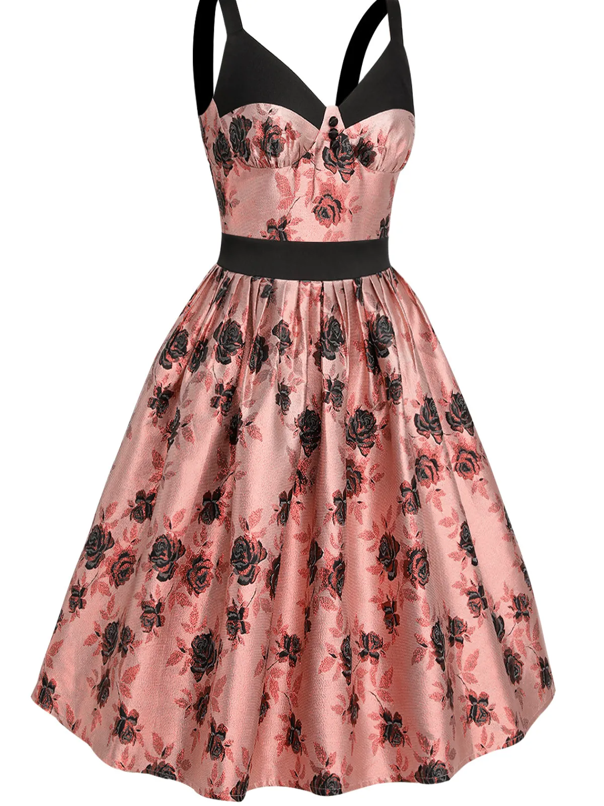 Best Retro Stage 1950s Roses Embossed Satin Swing Dress Pink
