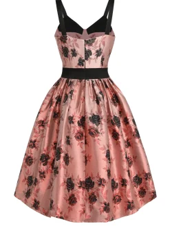 Best Retro Stage 1950s Roses Embossed Satin Swing Dress Pink