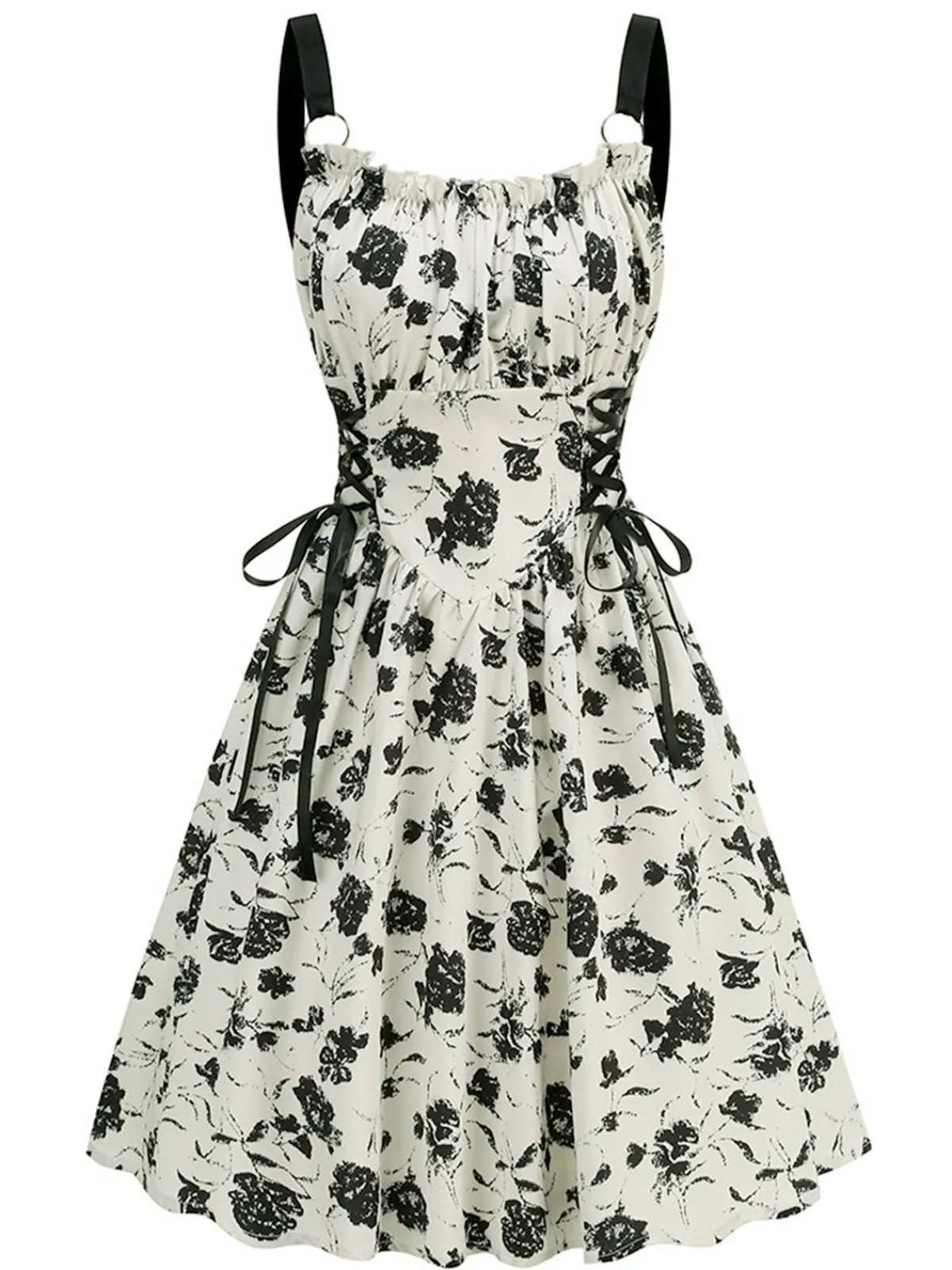 Outlet Retro Stage 1950s Roses Straps Lace-Up Pleated Dress