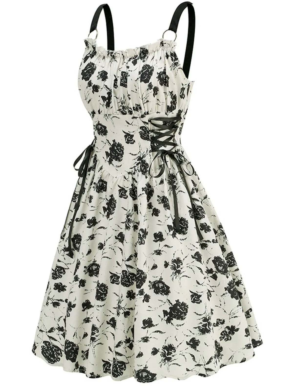 Outlet Retro Stage 1950s Roses Straps Lace-Up Pleated Dress