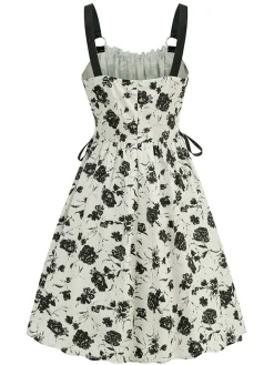 Outlet Retro Stage 1950s Roses Straps Lace-Up Pleated Dress