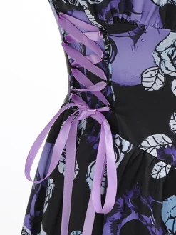 Outlet Retro Stage 1950s Roses Straps Lace-Up Pleated Dress