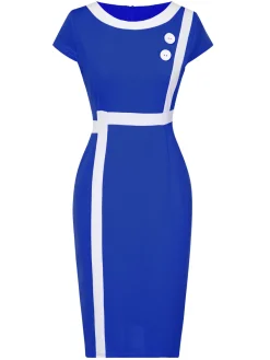 Sale Retro Stage 1960s Round Neck Button Patchwork Wrap Dress