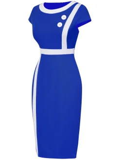 Sale Retro Stage 1960s Round Neck Button Patchwork Wrap Dress