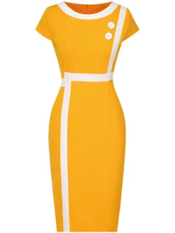 Sale Retro Stage 1960s Round Neck Button Patchwork Wrap Dress