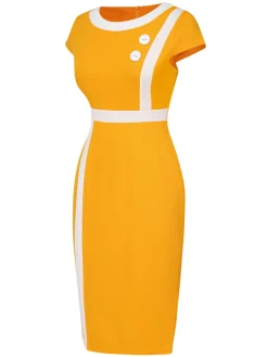 Sale Retro Stage 1960s Round Neck Button Patchwork Wrap Dress