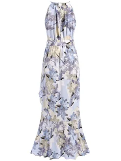 New Retro Stage 1930s Round Neck Floral Irregular Hem Belted Dress Blue