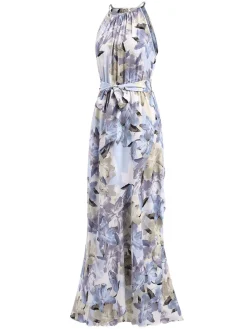 New Retro Stage 1930s Round Neck Floral Irregular Hem Belted Dress Blue