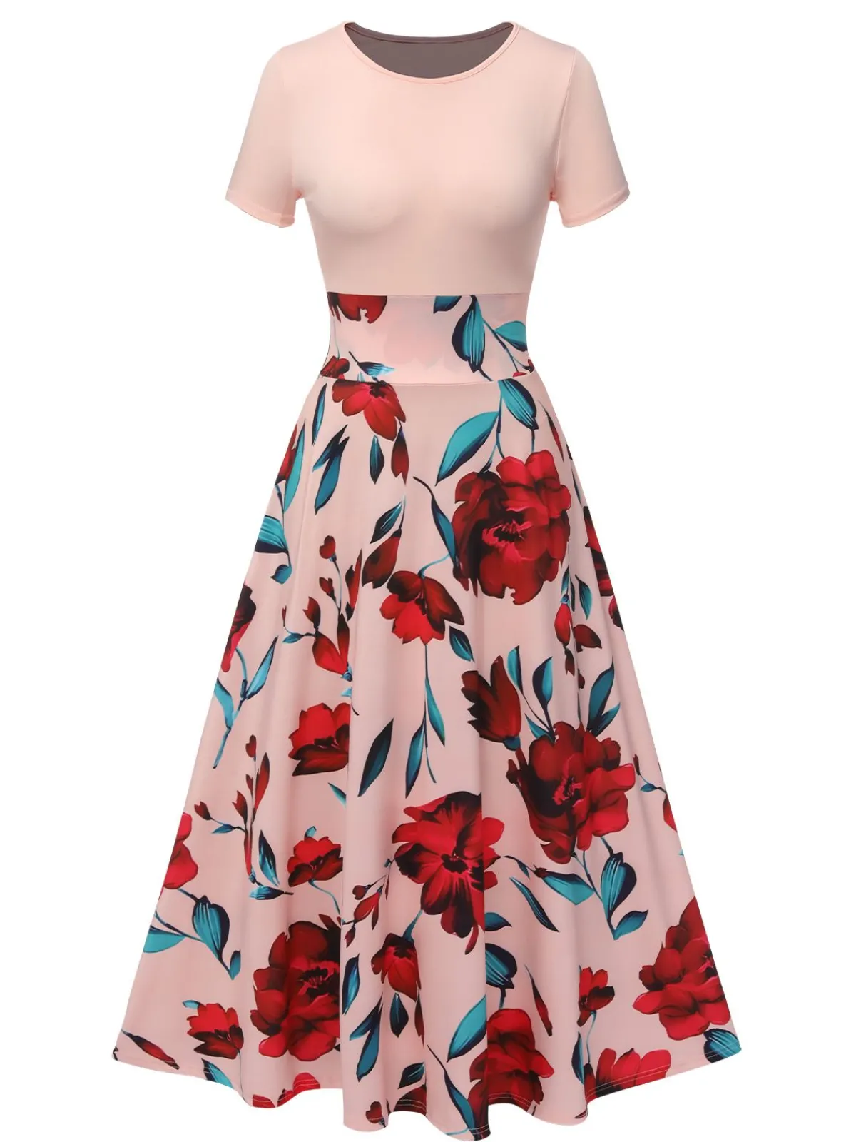 Sale Retro Stage 1970s Round Neck Floral Patchwork Dress