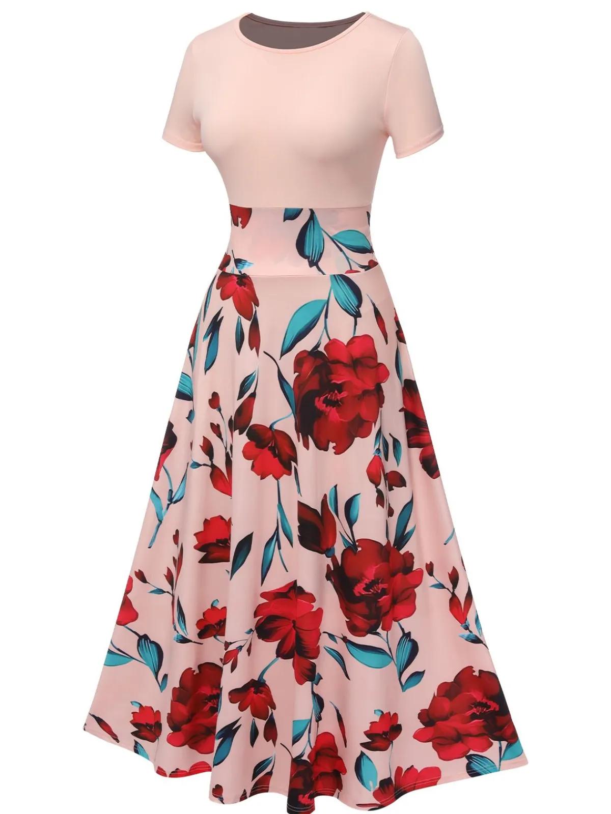 Sale Retro Stage 1970s Round Neck Floral Patchwork Dress