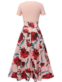Sale Retro Stage 1970s Round Neck Floral Patchwork Dress