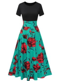 Sale Retro Stage 1970s Round Neck Floral Patchwork Dress