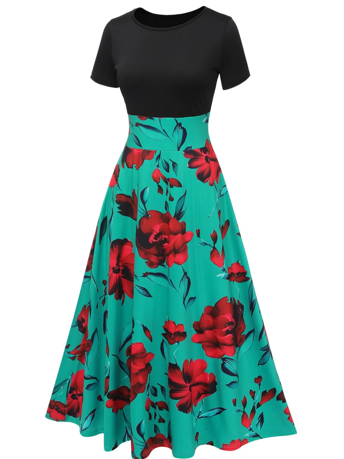 Sale Retro Stage 1970s Round Neck Floral Patchwork Dress