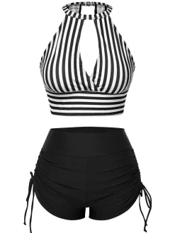 Clearance Retro Stage 1950s Round Neck Halter Hollow Striped Swimsuit