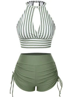 Clearance Retro Stage 1950s Round Neck Halter Hollow Striped Swimsuit