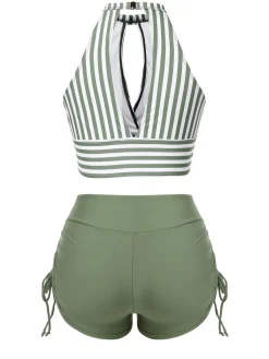 Clearance Retro Stage 1950s Round Neck Halter Hollow Striped Swimsuit