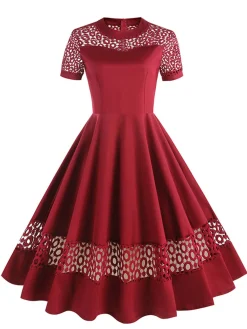 Outlet Retro Stage 1950s Round Neck Hollow Solid Dress