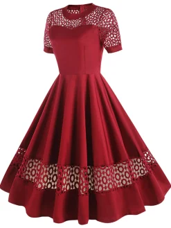 Outlet Retro Stage 1950s Round Neck Hollow Solid Dress