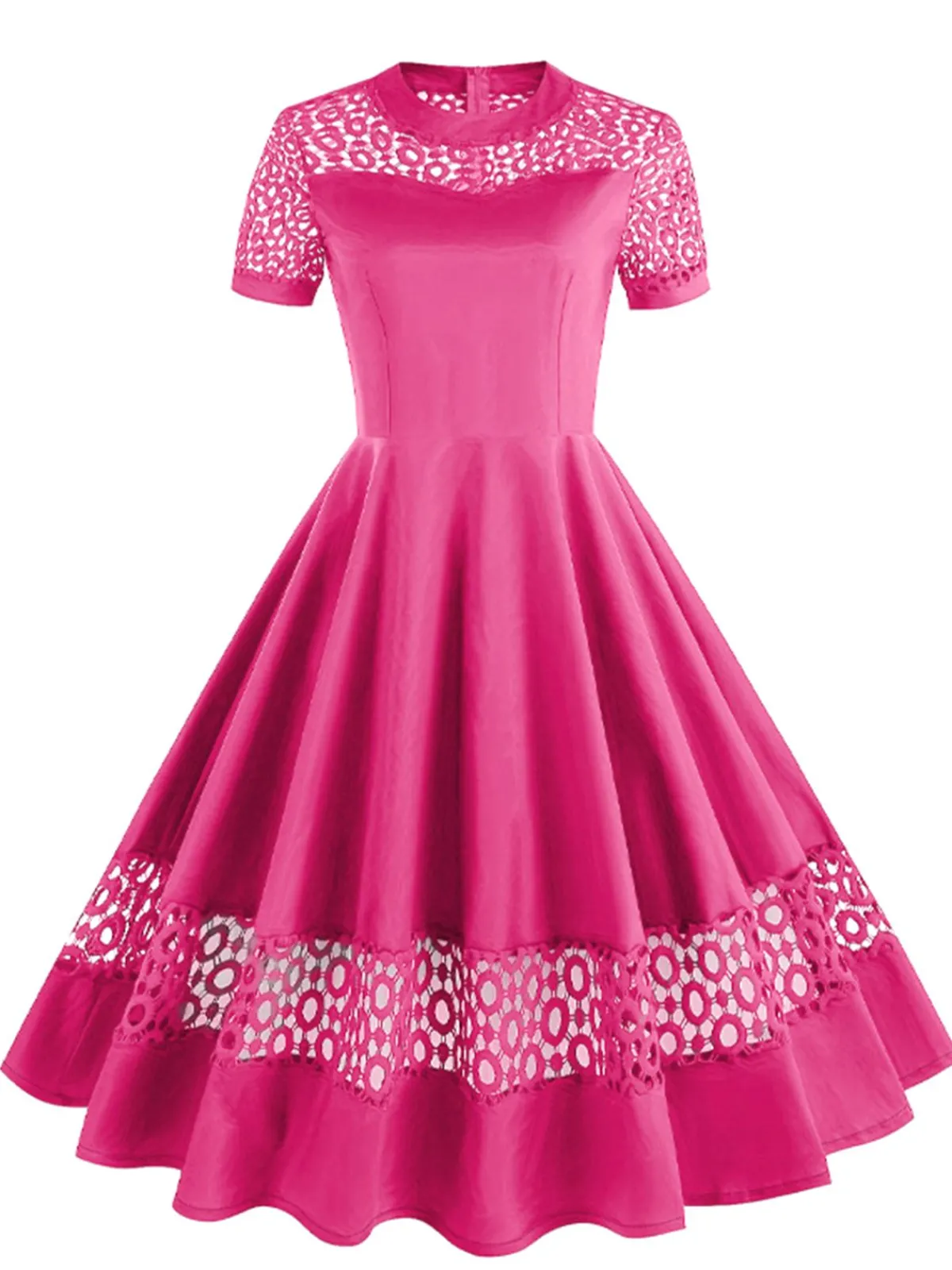 Outlet Retro Stage 1950s Round Neck Hollow Solid Dress