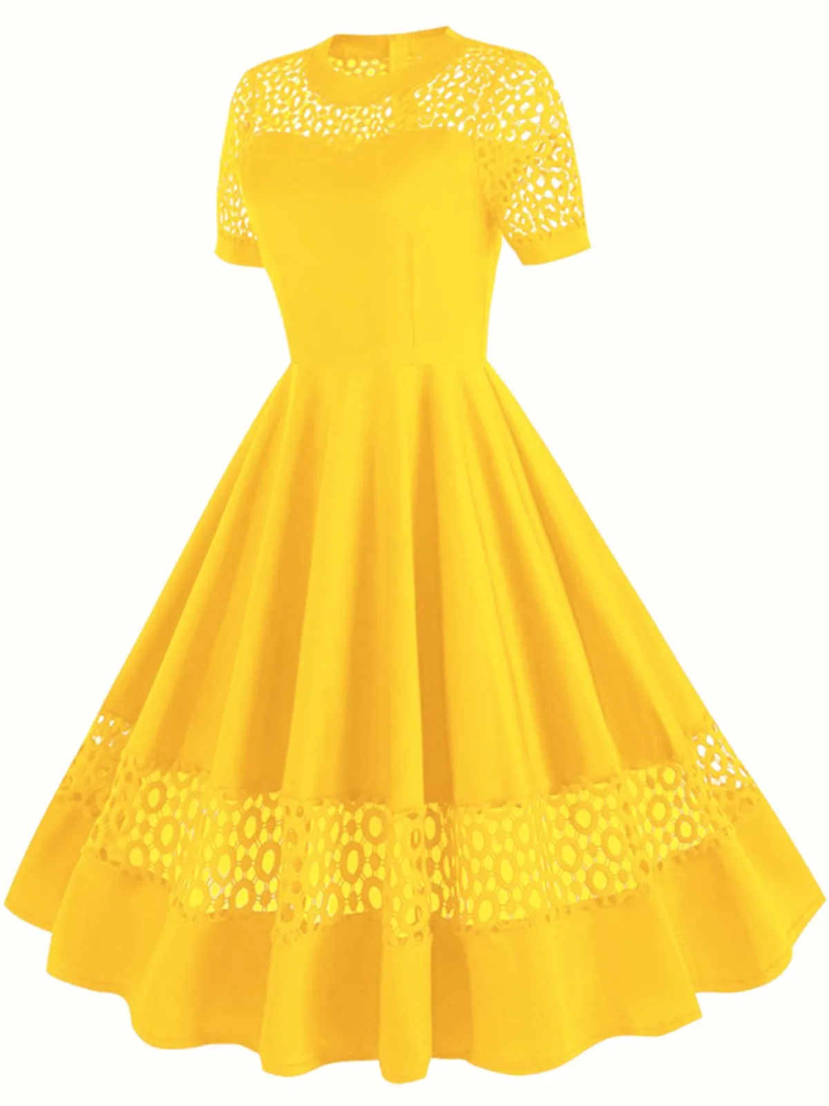 Outlet Retro Stage 1950s Round Neck Hollow Solid Dress