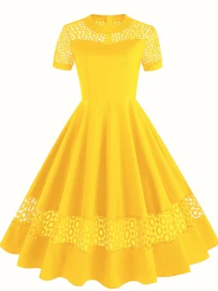 Outlet Retro Stage 1950s Round Neck Hollow Solid Dress