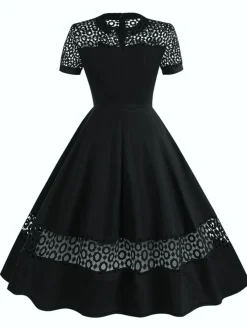 Outlet Retro Stage 1950s Round Neck Hollow Solid Dress