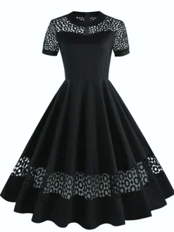 Outlet Retro Stage 1950s Round Neck Hollow Solid Dress