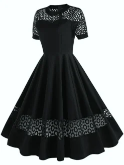 Outlet Retro Stage 1950s Round Neck Hollow Solid Dress