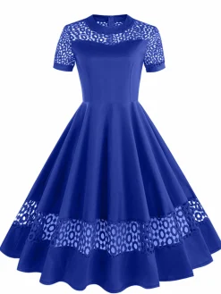 Outlet Retro Stage 1950s Round Neck Hollow Solid Dress
