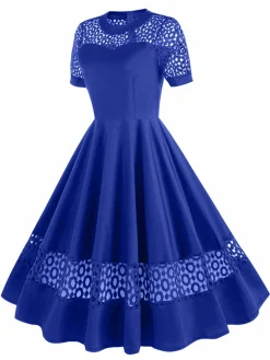 Outlet Retro Stage 1950s Round Neck Hollow Solid Dress