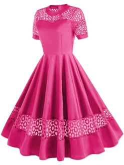 Outlet Retro Stage 1950s Round Neck Hollow Solid Dress