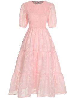 New Retro Stage 1930s Round Neck Puff Sleeve Wrinkle Dress
