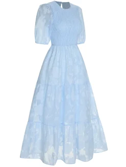New Retro Stage 1930s Round Neck Puff Sleeve Wrinkle Dress