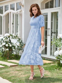 New Retro Stage 1930s Round Neck Puff Sleeve Wrinkle Dress