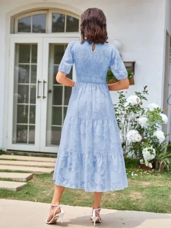 New Retro Stage 1930s Round Neck Puff Sleeve Wrinkle Dress