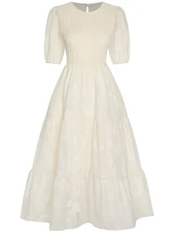 New Retro Stage 1930s Round Neck Puff Sleeve Wrinkle Dress