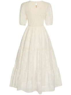 New Retro Stage 1930s Round Neck Puff Sleeve Wrinkle Dress
