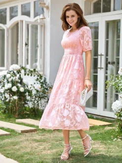 New Retro Stage 1930s Round Neck Puff Sleeve Wrinkle Dress