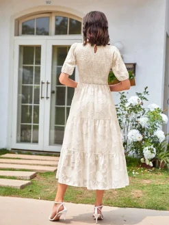New Retro Stage 1930s Round Neck Puff Sleeve Wrinkle Dress
