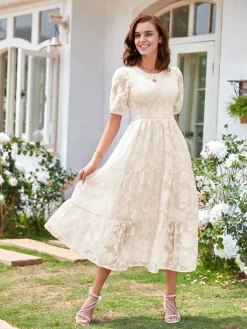 New Retro Stage 1930s Round Neck Puff Sleeve Wrinkle Dress