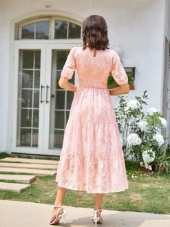 New Retro Stage 1930s Round Neck Puff Sleeve Wrinkle Dress
