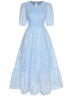 New Retro Stage 1930s Round Neck Puff Sleeve Wrinkle Dress