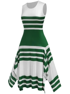New Retro Stage 1930s Round Neck Sleeveless Striped Dress