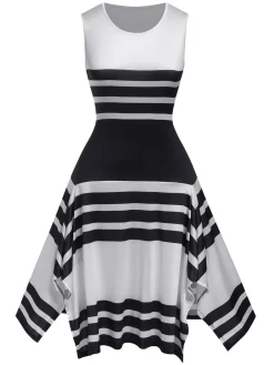 New Retro Stage 1930s Round Neck Sleeveless Striped Dress