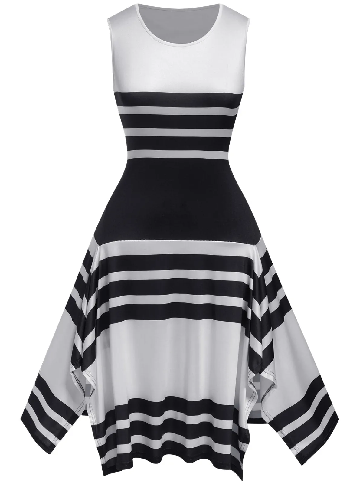 New Retro Stage 1930s Round Neck Sleeveless Striped Dress