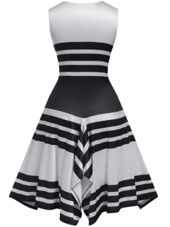 New Retro Stage 1930s Round Neck Sleeveless Striped Dress