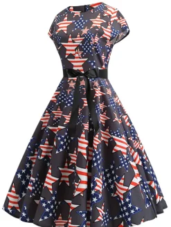 Online Retro Stage 1950s Round Neck Stars Belted Dress Multicolor