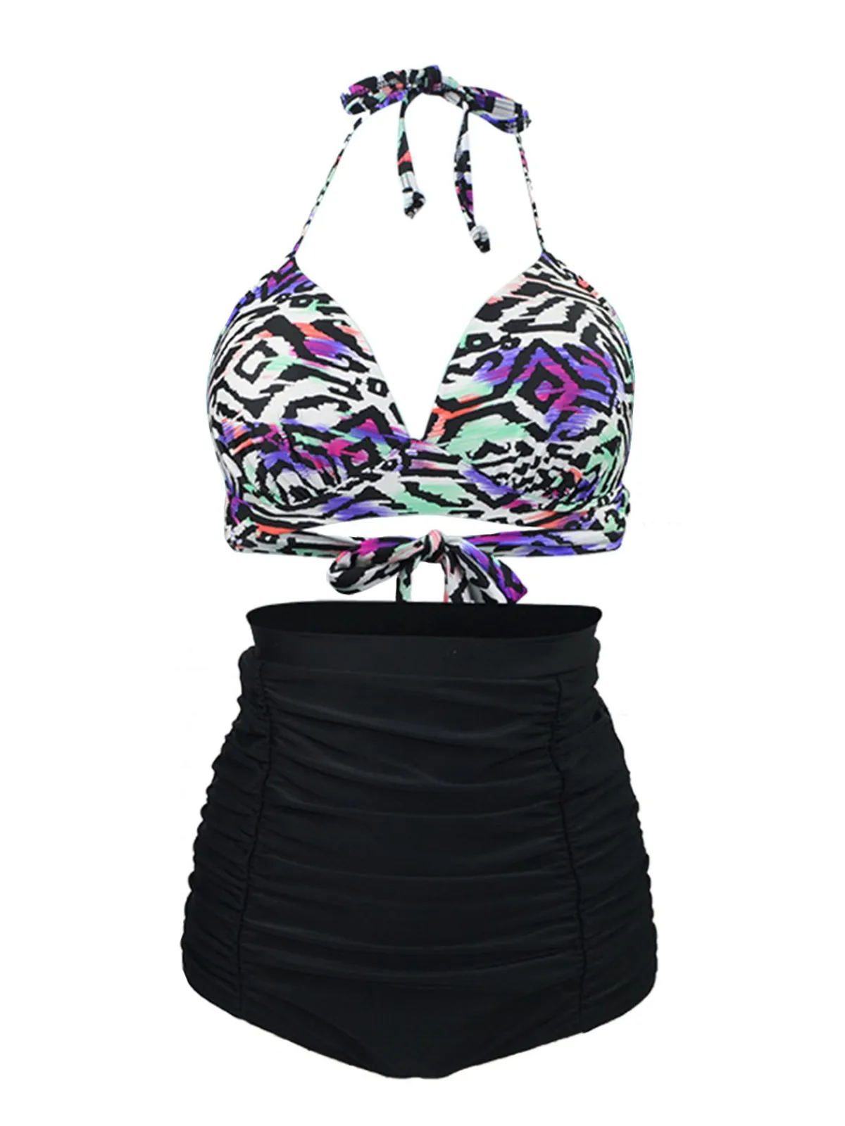 Best Retro Stage 1940s Ruched Lace-Up Halter Bikini Set Black