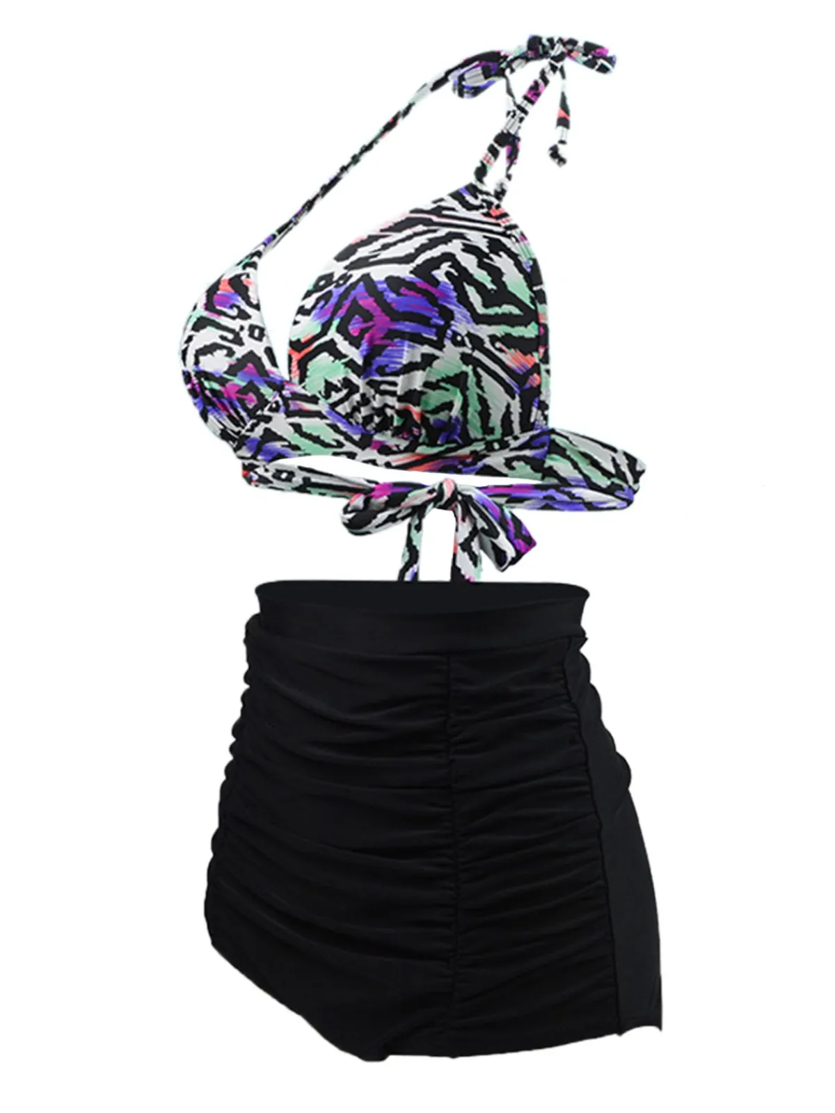 Best Retro Stage 1940s Ruched Lace-Up Halter Bikini Set Black